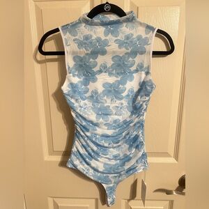 Reoria Sheer Floral High Neck Sleeveless Body Suit, Blue & White, Sz XS, NWT